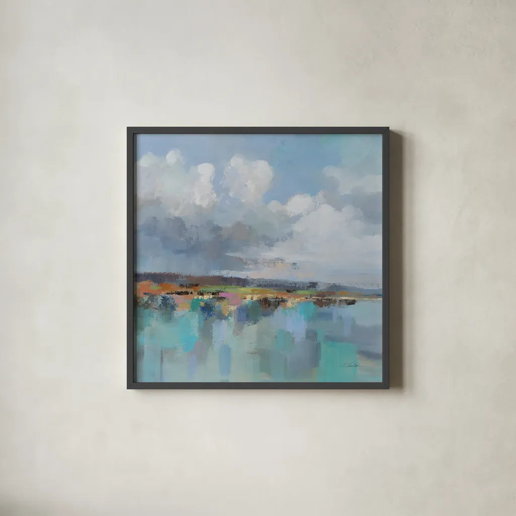 Turquoise Bay by Silvia Vassileva. Shown in a sleek black glass frame for a contemporary gallery look. Available as an archival giclee rolled canvas, fine art paper, or poster print. SKU 95130a.