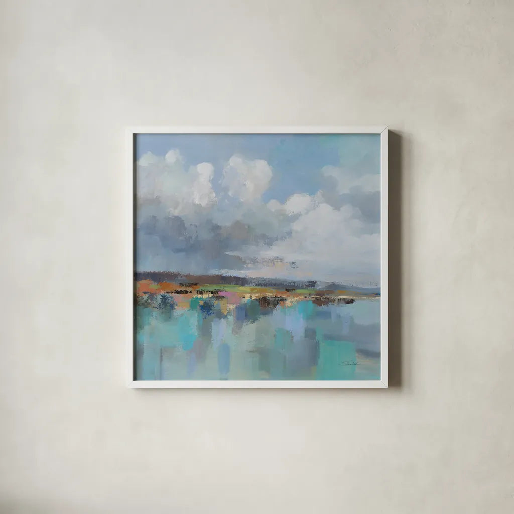 Turquoise Bay by Silvia Vassileva. Shown in a crisp white glass frame for a clean and minimalist style. Available as an archival giclee rolled canvas, fine art paper, or poster print. SKU 95130a.