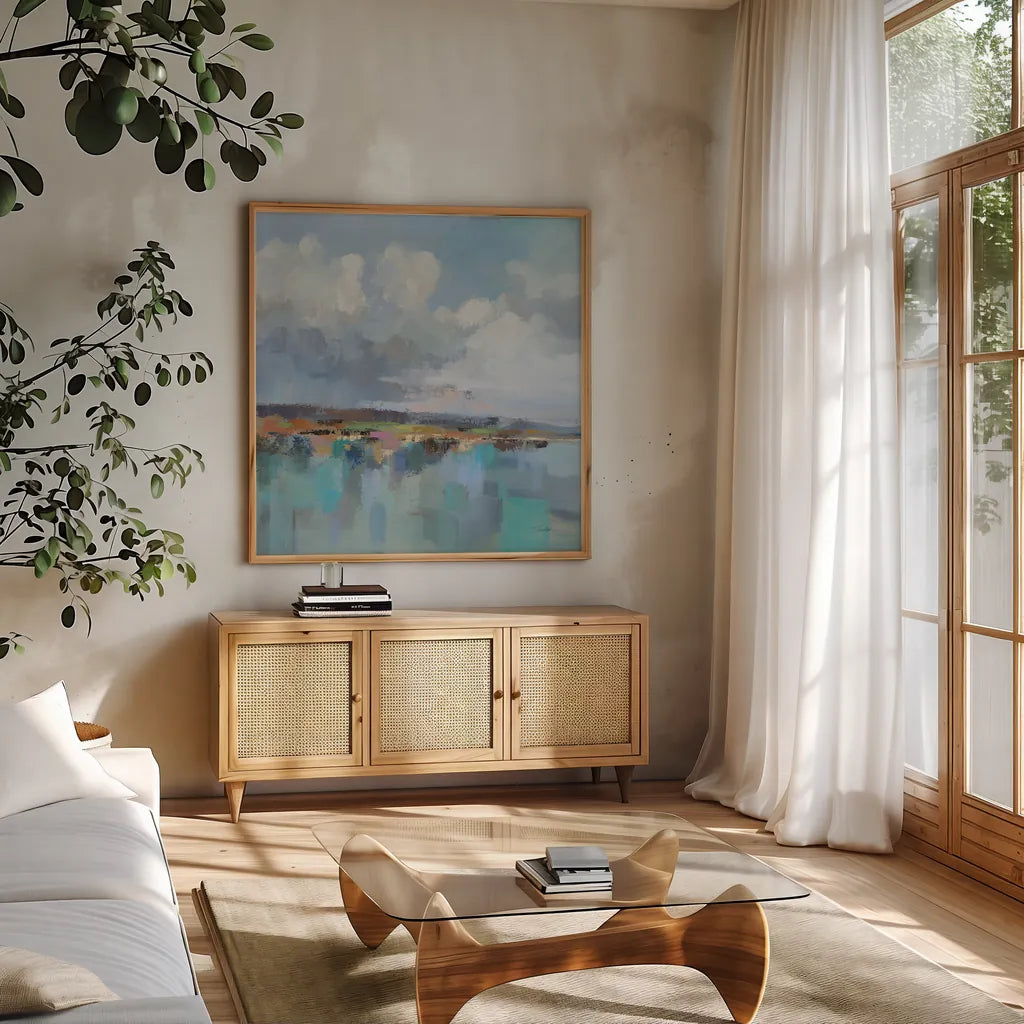 Turquoise Bay by Silvia Vassileva. Shown in a natural wood frame in a cozy modern living room. Available as an archival giclee rolled canvas, fine art paper, or poster print. SKU 95130a.