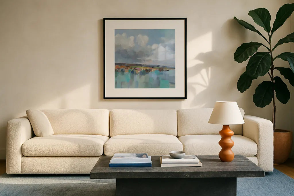 Turquoise Bay by Silvia Vassileva. Displayed in a glass frame with matte in a clean modern living room. Available as an archival giclee rolled canvas, fine art paper, or poster print. SKU 95130a.