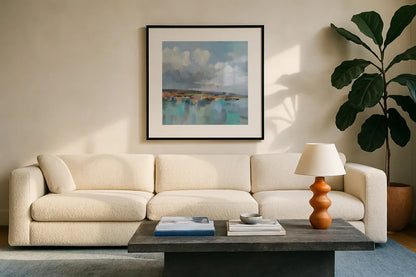 Turquoise Bay by Silvia Vassileva. Displayed in a glass frame with matte in a clean modern living room. Available as an archival giclee rolled canvas, fine art paper, or poster print. SKU 95130a.