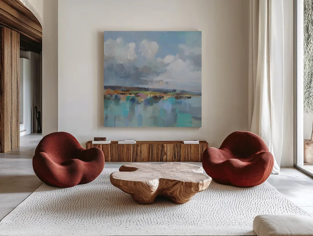 Turquoise Bay by Silvia Vassileva. Shown as extra-large giant wall art in a modern living room. Available as an archival giclee rolled canvas, fine art paper, or poster print. SKU 95130a.
