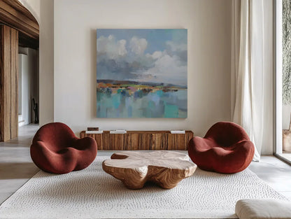 Turquoise Bay by Silvia Vassileva. Shown as extra-large giant wall art in a modern living room. Available as an archival giclee rolled canvas, fine art paper, or poster print. SKU 95130a.