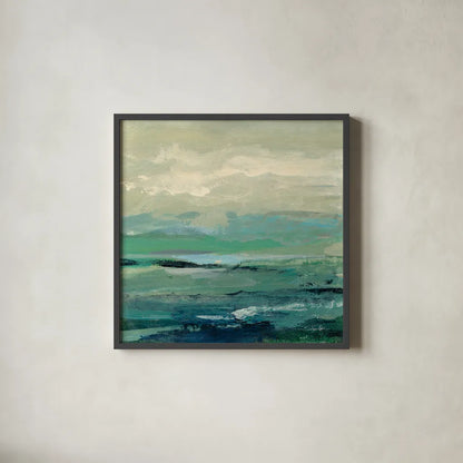Turquoise Bay I by Silvia Vassileva. Shown in a sleek black glass frame for a contemporary gallery look. Available as an archival giclee rolled canvas, fine art paper, or poster print. SKU 74910a.
