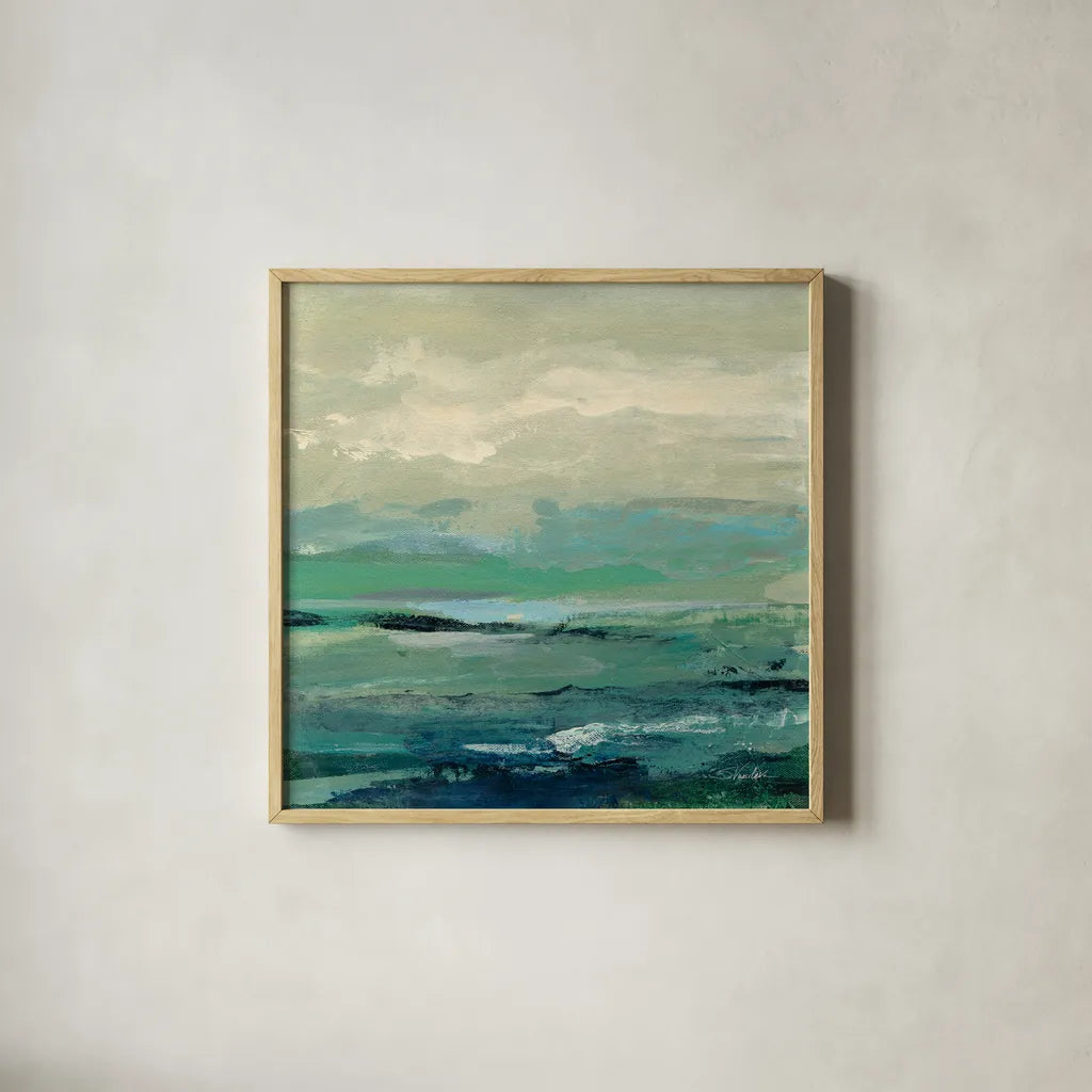 Turquoise Bay I by Silvia Vassileva. Shown in a natural wood glass frame for a timeless modern aesthetic. Available as an archival giclee rolled canvas, fine art paper, or poster print. SKU 74910a.