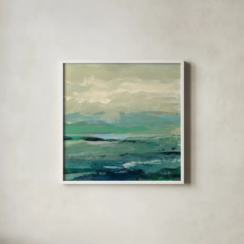Turquoise Bay I by Silvia Vassileva. Shown in a crisp white glass frame for a clean and minimalist style. Available as an archival giclee rolled canvas, fine art paper, or poster print. SKU 74910a.