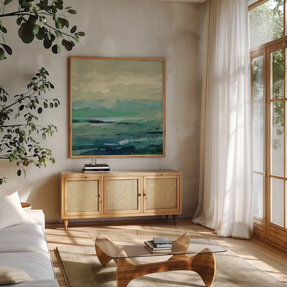 Turquoise Bay I by Silvia Vassileva. Shown in a natural wood frame in a cozy modern living room. Available as an archival giclee rolled canvas, fine art paper, or poster print. SKU 74910a.