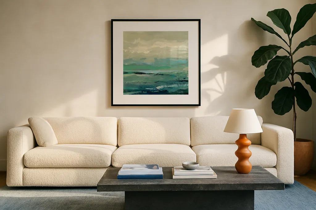Turquoise Bay I by Silvia Vassileva. Displayed in a glass frame with matte in a clean modern living room. Available as an archival giclee rolled canvas, fine art paper, or poster print. SKU 74910a.