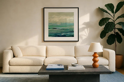 Turquoise Bay I by Silvia Vassileva. Displayed in a glass frame with matte in a clean modern living room. Available as an archival giclee rolled canvas, fine art paper, or poster print. SKU 74910a.