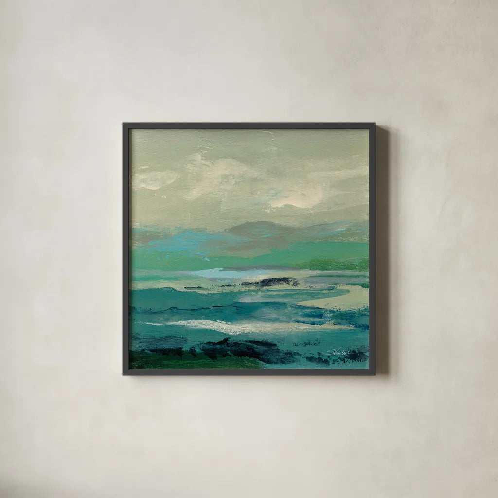 Turquoise Bay II by Silvia Vassileva. Shown in a sleek black glass frame for a contemporary gallery look. Available as an archival giclee rolled canvas, fine art paper, or poster print. SKU 74911a.