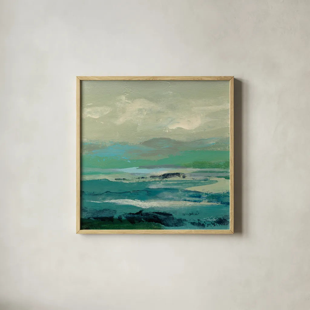 Turquoise Bay II by Silvia Vassileva. Shown in a natural wood glass frame for a timeless modern aesthetic. Available as an archival giclee rolled canvas, fine art paper, or poster print. SKU 74911a.