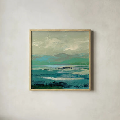 Turquoise Bay II by Silvia Vassileva. Shown in a natural wood glass frame for a timeless modern aesthetic. Available as an archival giclee rolled canvas, fine art paper, or poster print. SKU 74911a.