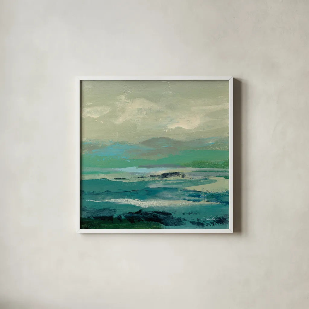 Turquoise Bay II by Silvia Vassileva. Shown in a crisp white glass frame for a clean and minimalist style. Available as an archival giclee rolled canvas, fine art paper, or poster print. SKU 74911a.