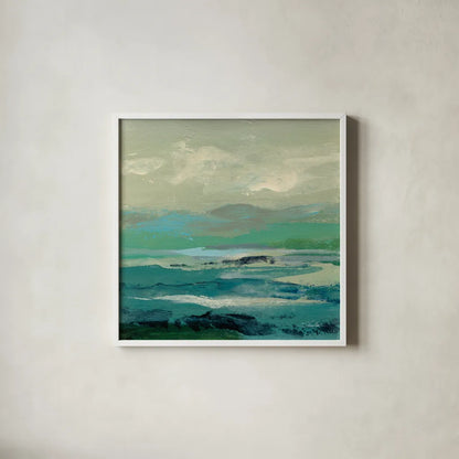Turquoise Bay II by Silvia Vassileva. Shown in a crisp white glass frame for a clean and minimalist style. Available as an archival giclee rolled canvas, fine art paper, or poster print. SKU 74911a.