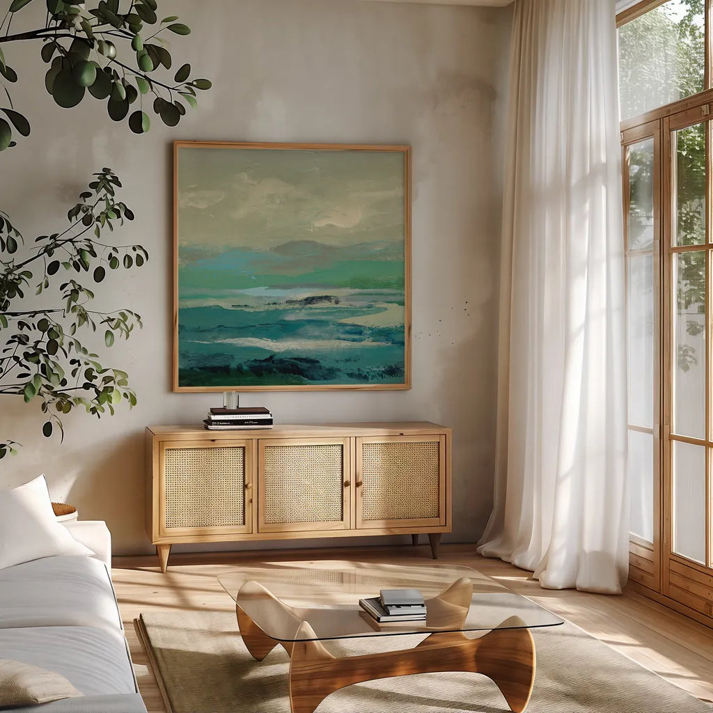 Turquoise Bay II by Silvia Vassileva. Shown in a natural wood frame in a cozy modern living room. Available as an archival giclee rolled canvas, fine art paper, or poster print. SKU 74911a.