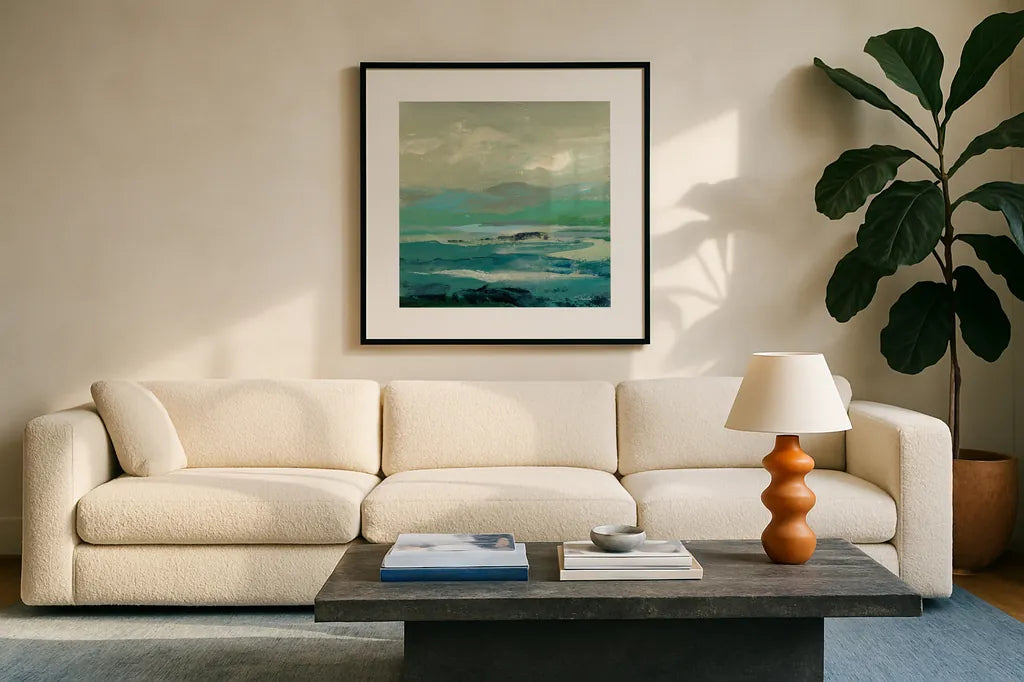 Turquoise Bay II by Silvia Vassileva. Displayed in a glass frame with matte in a clean modern living room. Available as an archival giclee rolled canvas, fine art paper, or poster print. SKU 74911a.