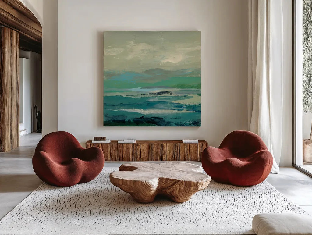 Turquoise Bay II by Silvia Vassileva. Shown as extra-large giant wall art in a modern living room. Available as an archival giclee rolled canvas, fine art paper, or poster print. SKU 74911a.