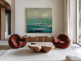 Turquoise Bay II by Silvia Vassileva. Shown as extra-large giant wall art in a modern living room. Available as an archival giclee rolled canvas, fine art paper, or poster print. SKU 74911a.