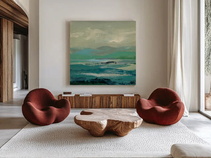 Turquoise Bay II by Silvia Vassileva. Shown as extra-large giant wall art in a modern living room. Available as an archival giclee rolled canvas, fine art paper, or poster print. SKU 74911a.