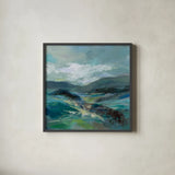 Turquoise Slopes I by Silvia Vassileva. Shown in a sleek black glass frame for a contemporary gallery look. Available as an archival giclee rolled canvas, fine art paper, or poster print. SKU 78735a.