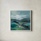 Turquoise Slopes I by Silvia Vassileva. Shown in a crisp white glass frame for a clean and minimalist style. Available as an archival giclee rolled canvas, fine art paper, or poster print. SKU 78735a.