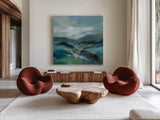 Turquoise Slopes I by Silvia Vassileva. Shown as extra-large giant wall art in a modern living room. Available as an archival giclee rolled canvas, fine art paper, or poster print. SKU 78735a.