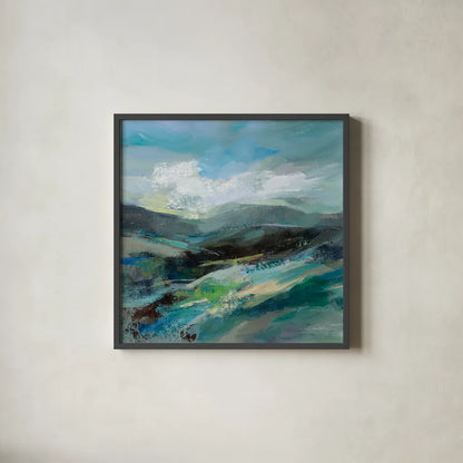Turquoise Slopes II by Silvia Vassileva. Shown in a sleek black glass frame for a contemporary gallery look. Available as an archival giclee rolled canvas, fine art paper, or poster print. SKU 78736a.