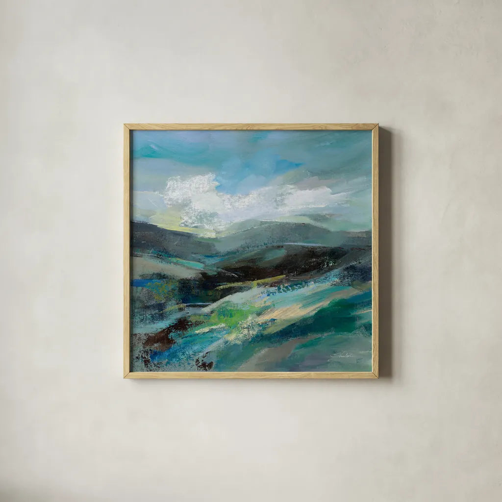 Turquoise Slopes II by Silvia Vassileva. Shown in a natural wood glass frame for a timeless modern aesthetic. Available as an archival giclee rolled canvas, fine art paper, or poster print. SKU 78736a.