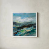 Turquoise Slopes II by Silvia Vassileva. Shown in a crisp white glass frame for a clean and minimalist style. Available as an archival giclee rolled canvas, fine art paper, or poster print. SKU 78736a.