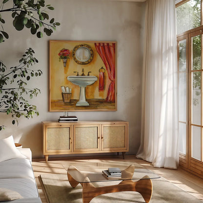 Tuscan Bath IV by Silvia Vassileva. Shown in a natural wood frame in a cozy modern living room. Available as an archival giclee rolled canvas, fine art paper, or poster print. SKU 9967a.