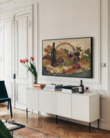 Tuscan Evening Wine Crop by Silvia Vassileva. shown as a framed stretched canvas in a living room above a console. Available as a archival giclee rolled canvas, fine art paper, or poster print. SKU 13405i.