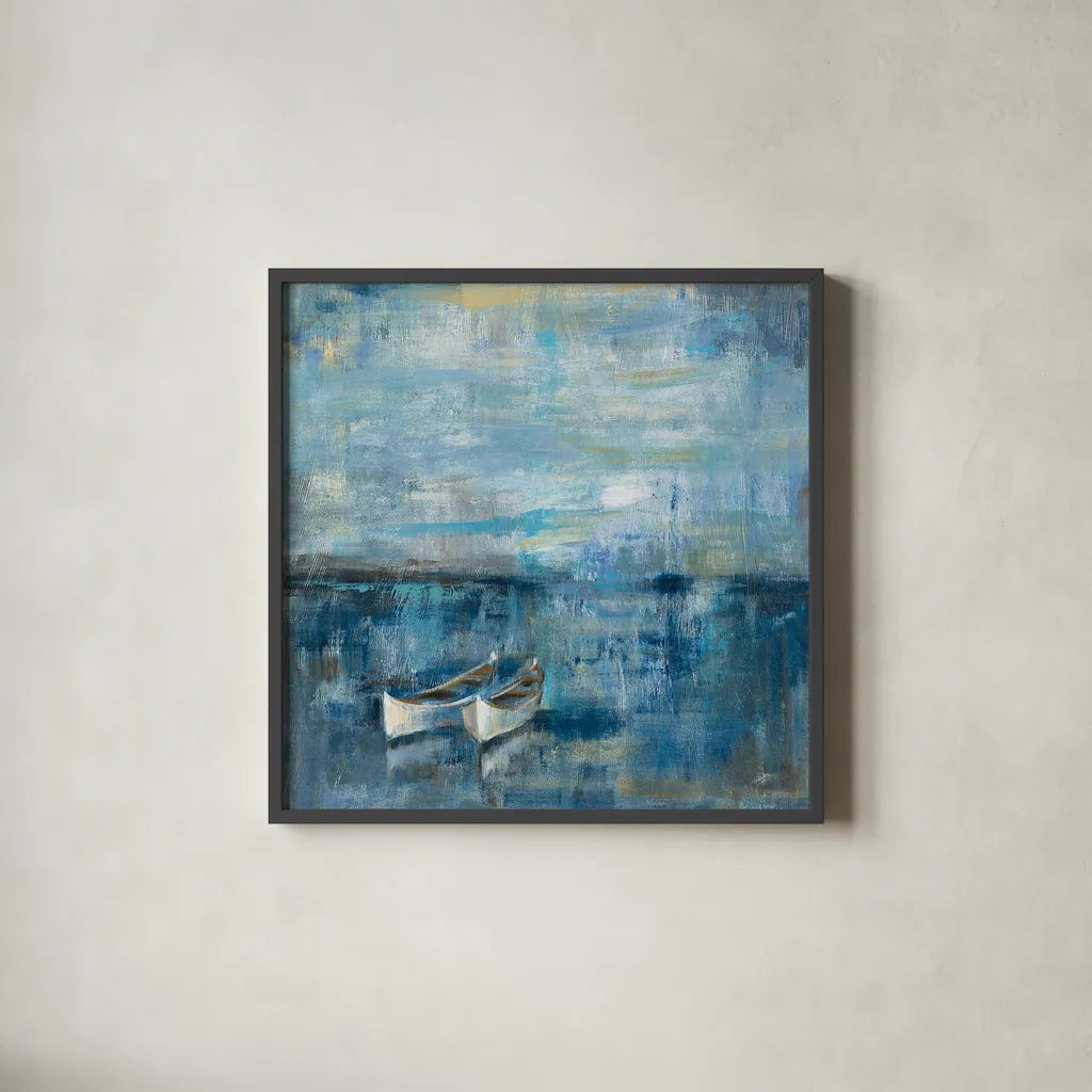 Two Boats by Silvia Vassileva. Shown in a sleek black glass frame for a contemporary gallery look. Available as an archival giclee rolled canvas, fine art paper, or poster print. SKU 11955a.