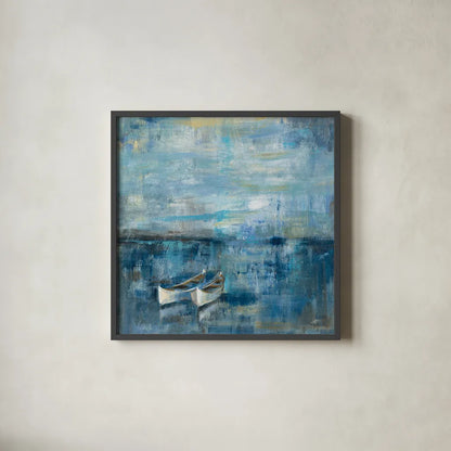 Two Boats by Silvia Vassileva. Shown in a sleek black glass frame for a contemporary gallery look. Available as an archival giclee rolled canvas, fine art paper, or poster print. SKU 11955a.