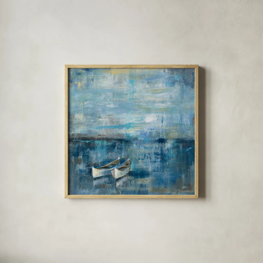Two Boats by Silvia Vassileva. Shown in a natural wood glass frame for a timeless modern aesthetic. Available as an archival giclee rolled canvas, fine art paper, or poster print. SKU 11955a.