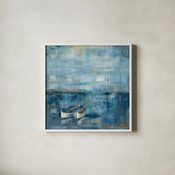Two Boats by Silvia Vassileva. Shown in a crisp white glass frame for a clean and minimalist style. Available as an archival giclee rolled canvas, fine art paper, or poster print. SKU 11955a.