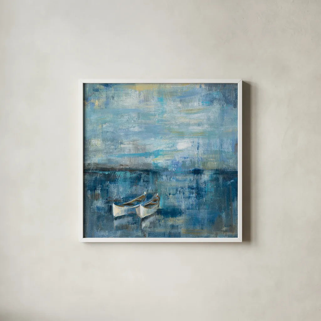 Two Boats by Silvia Vassileva. Shown in a crisp white glass frame for a clean and minimalist style. Available as an archival giclee rolled canvas, fine art paper, or poster print. SKU 11955a.