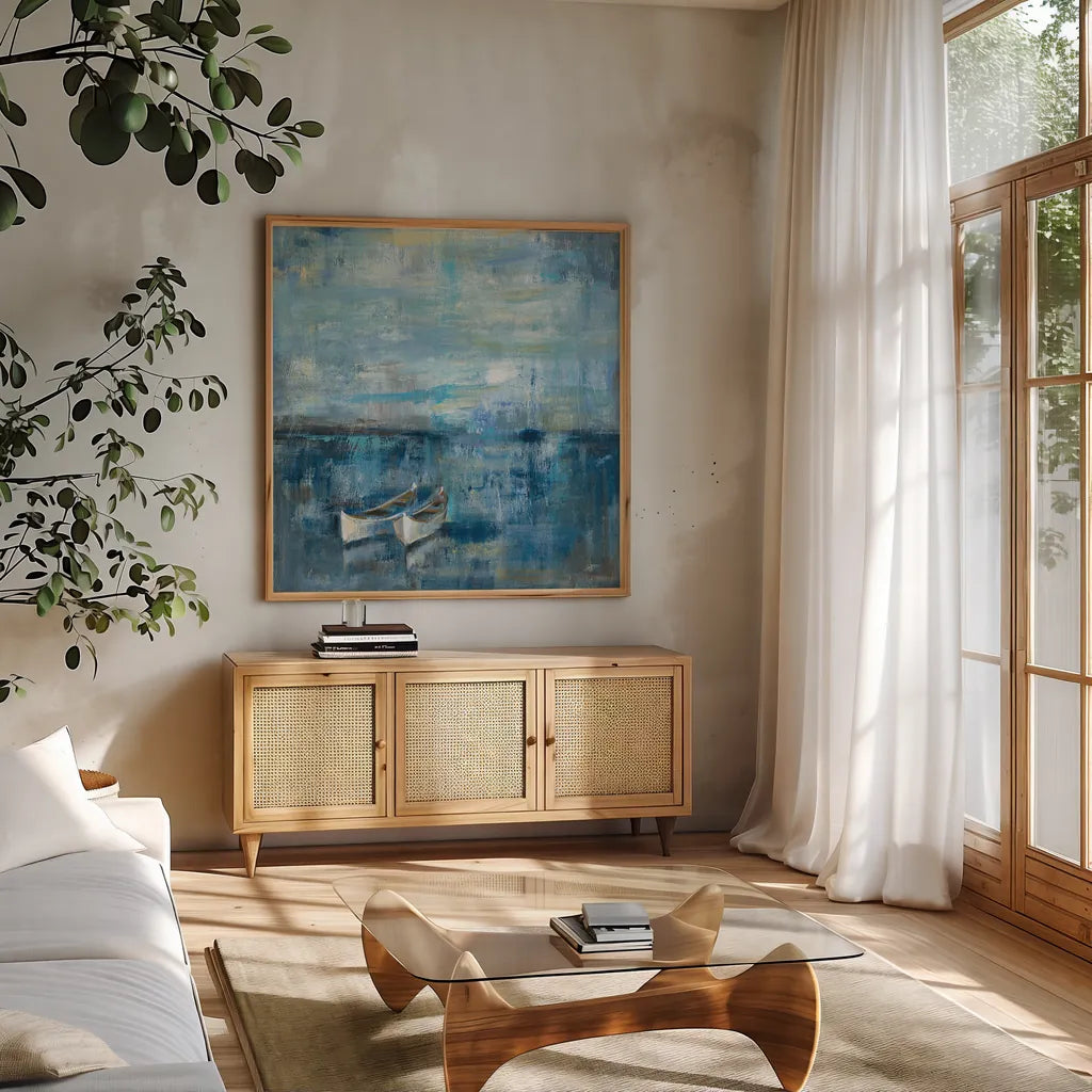 Two Boats by Silvia Vassileva. Shown in a natural wood frame in a cozy modern living room. Available as an archival giclee rolled canvas, fine art paper, or poster print. SKU 11955a.
