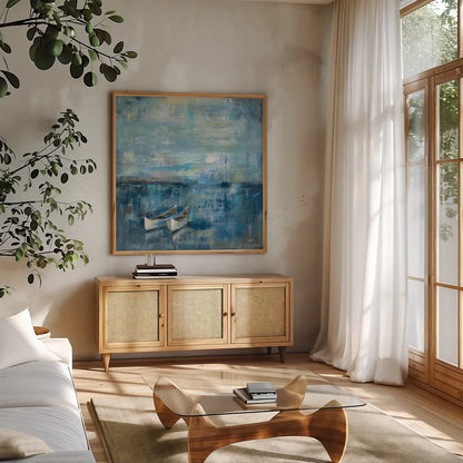 Two Boats by Silvia Vassileva. Shown in a natural wood frame in a cozy modern living room. Available as an archival giclee rolled canvas, fine art paper, or poster print. SKU 11955a.