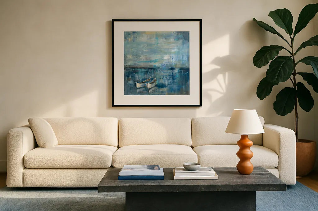 Two Boats by Silvia Vassileva. Displayed in a glass frame with matte in a clean modern living room. Available as an archival giclee rolled canvas, fine art paper, or poster print. SKU 11955a.