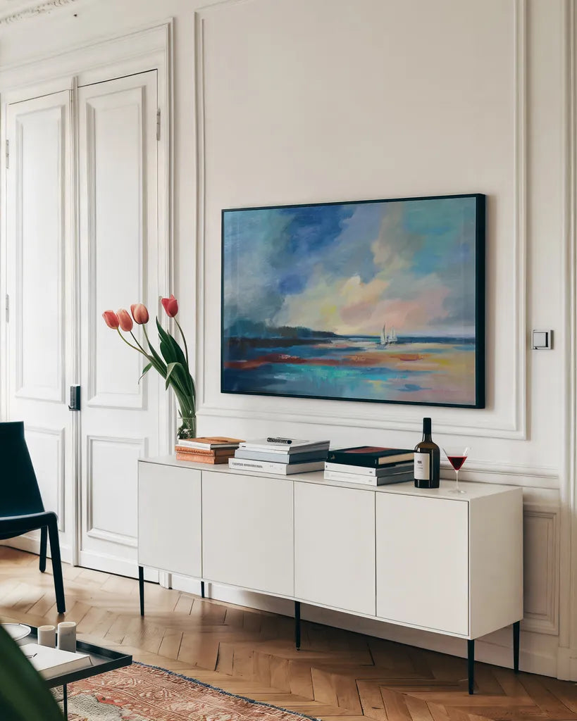 Ultramarine Sea and Sky Crop by Silvia Vassileva. shown as a framed stretched canvas in a living room above a console. Available as a archival giclee rolled canvas, fine art paper, or poster print. SKU 59954i.