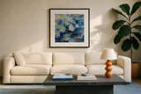 Ultramarine Waves I by Silvia Vassileva. Displayed in a glass frame with matte in a clean modern living room. Available as an archival giclee rolled canvas, fine art paper, or poster print. SKU 24574a.