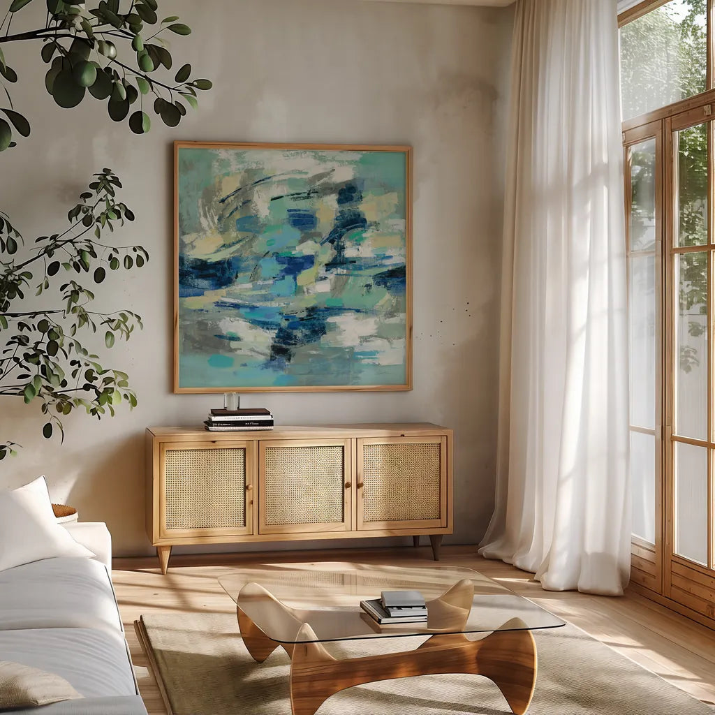 Unexpected Wave by Silvia Vassileva. Shown in a natural wood frame in a cozy modern living room. Available as an archival giclee rolled canvas, fine art paper, or poster print. SKU 46915a.