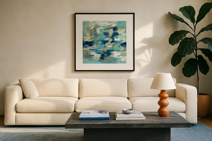 Unexpected Wave by Silvia Vassileva. Displayed in a glass frame with matte in a clean modern living room. Available as an archival giclee rolled canvas, fine art paper, or poster print. SKU 46915a.