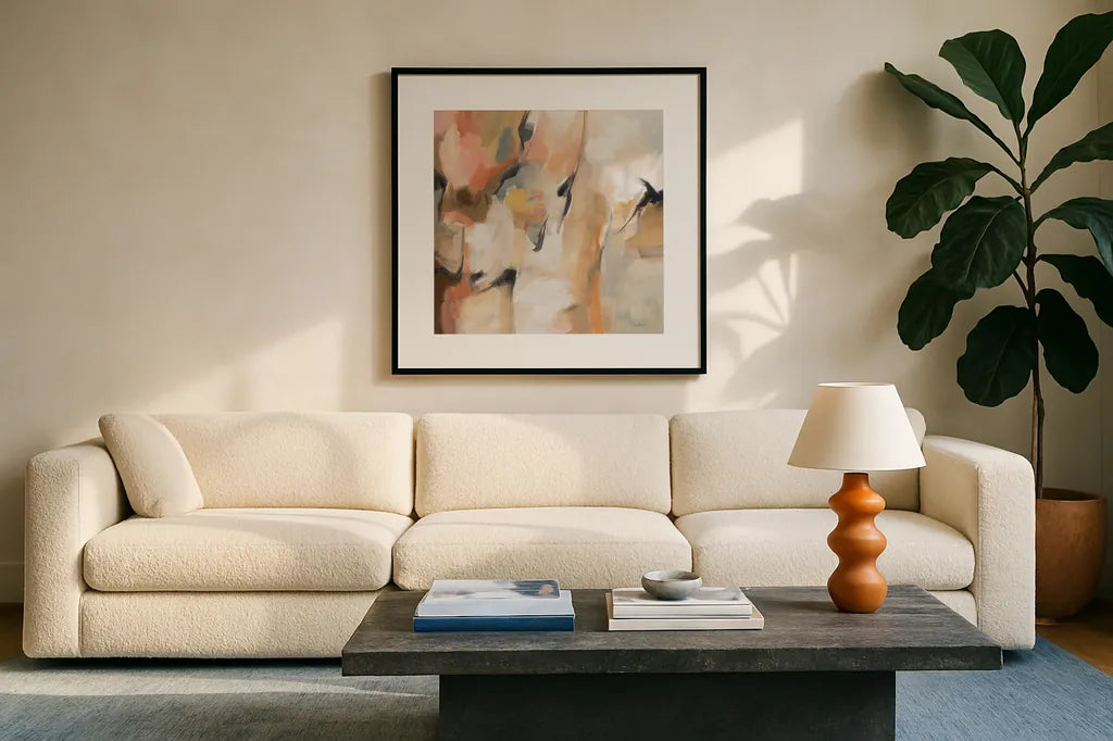 Uphill by Silvia Vassileva. Displayed in a glass frame with matte in a clean modern living room. Available as an archival giclee rolled canvas, fine art paper, or poster print. SKU 89039a.