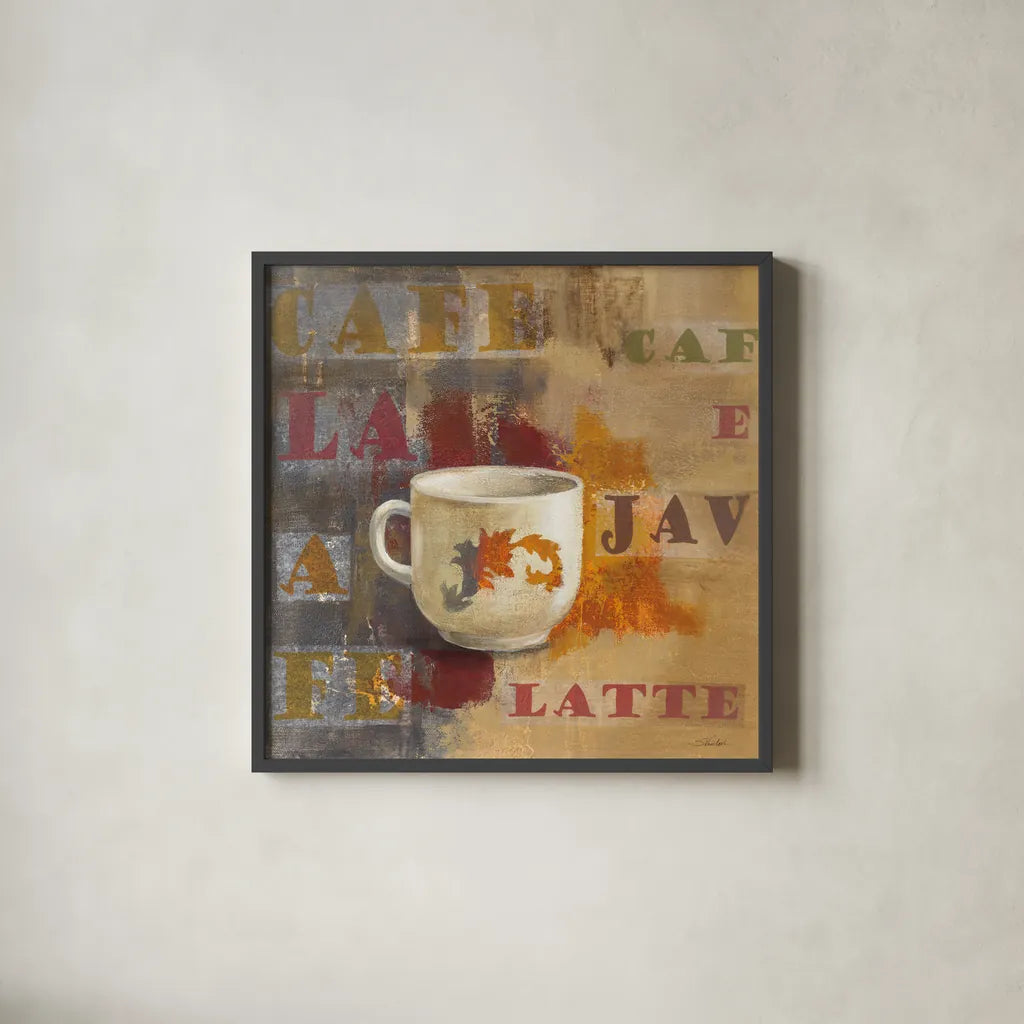 Urban Cafe I by Silvia Vassileva. Shown in a sleek black glass frame for a contemporary gallery look. Available as an archival giclee rolled canvas, fine art paper, or poster print. SKU 4112a.