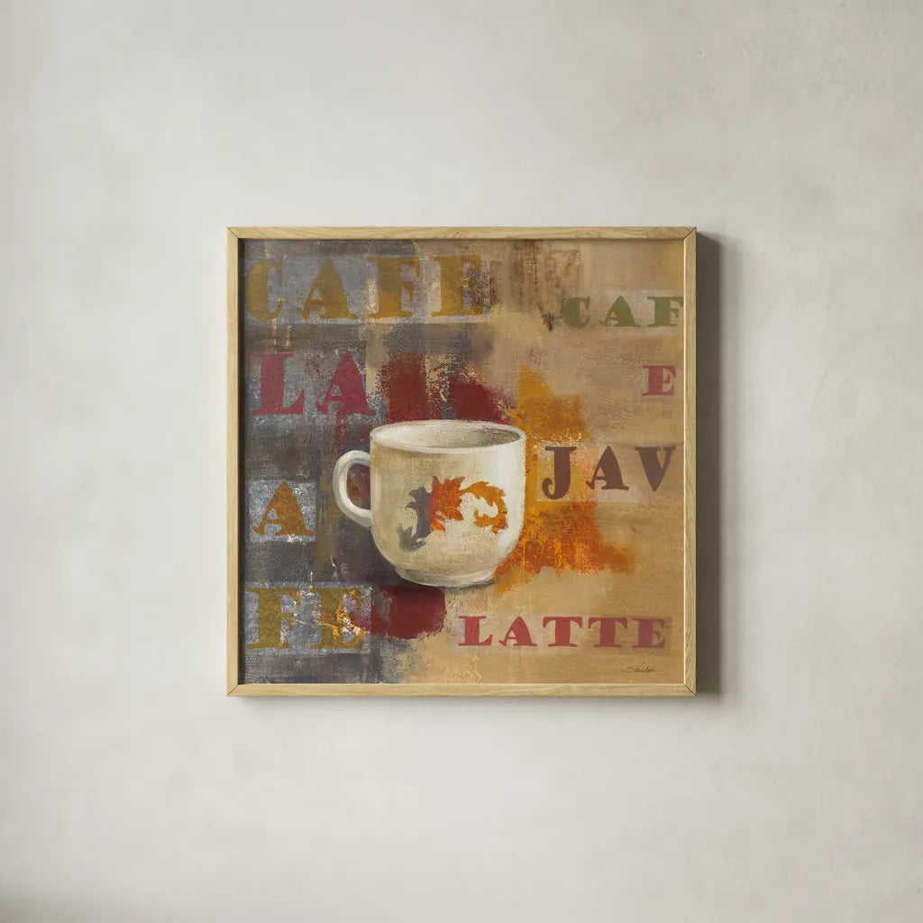 Urban Cafe I by Silvia Vassileva. Shown in a natural wood glass frame for a timeless modern aesthetic. Available as an archival giclee rolled canvas, fine art paper, or poster print. SKU 4112a.