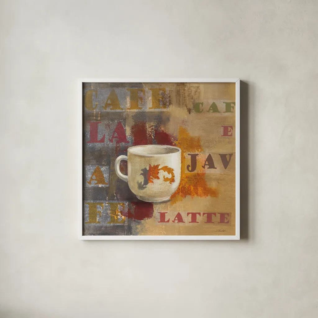 Urban Cafe I by Silvia Vassileva. Shown in a crisp white glass frame for a clean and minimalist style. Available as an archival giclee rolled canvas, fine art paper, or poster print. SKU 4112a.