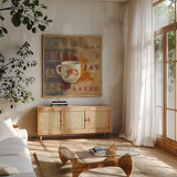 Urban Cafe I by Silvia Vassileva. Shown in a natural wood frame in a cozy modern living room. Available as an archival giclee rolled canvas, fine art paper, or poster print. SKU 4112a.