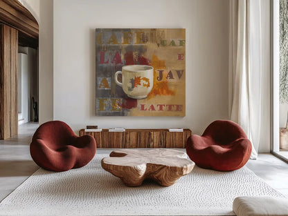 Urban Cafe I by Silvia Vassileva. Shown as extra-large giant wall art in a modern living room. Available as an archival giclee rolled canvas, fine art paper, or poster print. SKU 4112a.