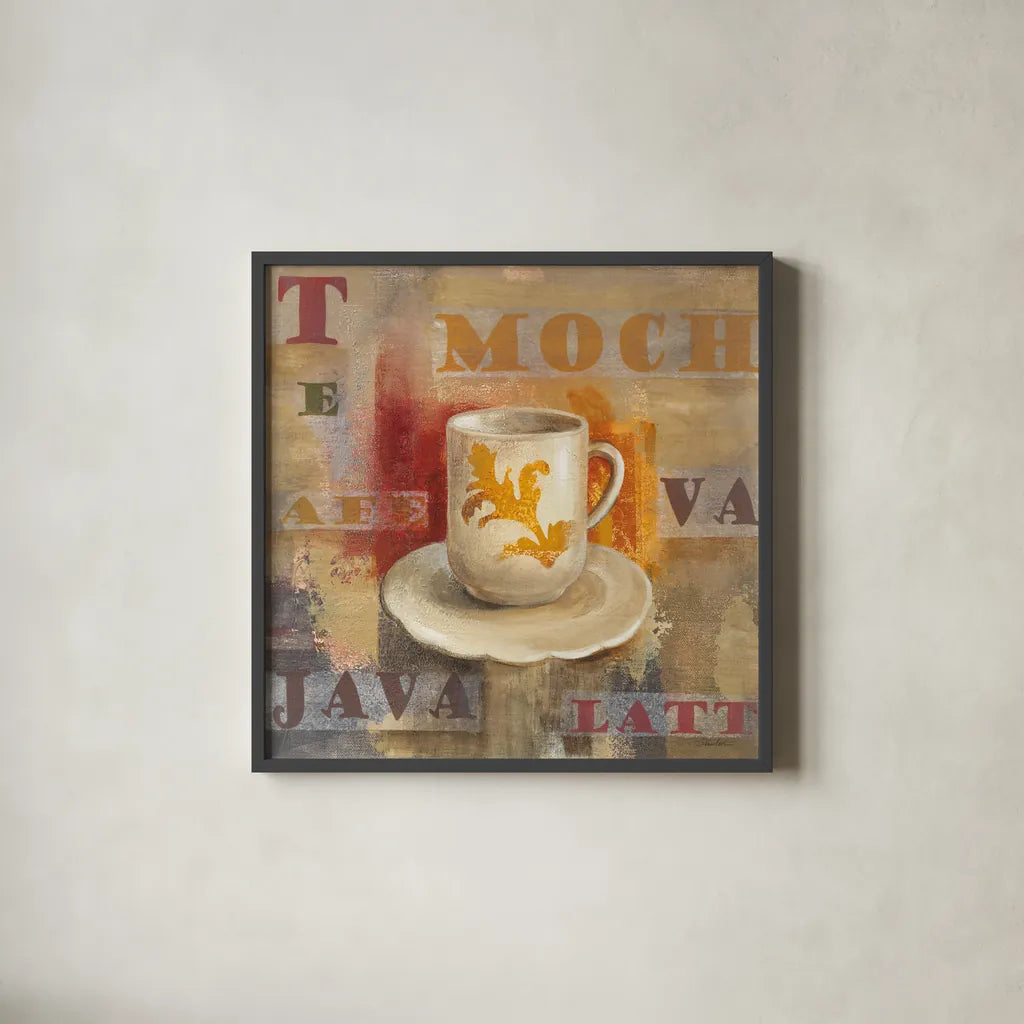 Urban Cafe II by Silvia Vassileva. Shown in a sleek black glass frame for a contemporary gallery look. Available as an archival giclee rolled canvas, fine art paper, or poster print. SKU 4113a.